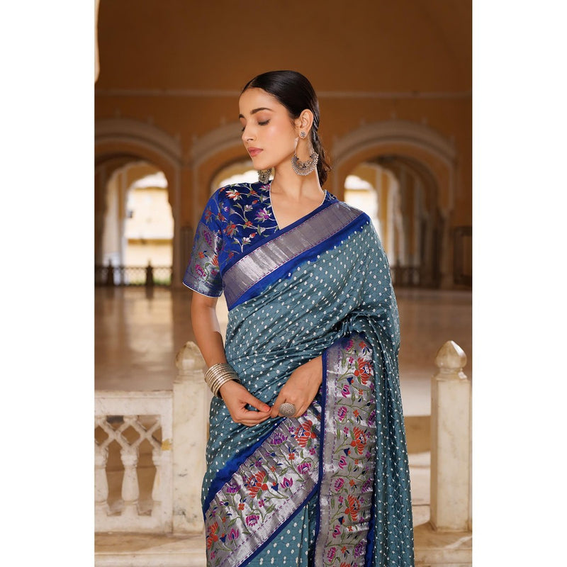 Geroo Luxe Grey and Blue Zari Woven Bandhani Silk Saree with Unstitched Blouse
