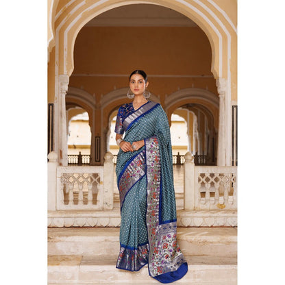 Geroo Luxe Grey and Blue Zari Woven Bandhani Silk Saree with Unstitched Blouse