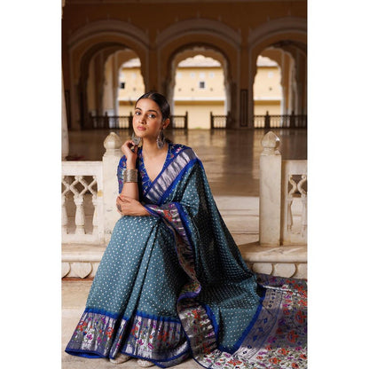 Geroo Luxe Grey and Blue Zari Woven Bandhani Silk Saree with Unstitched Blouse