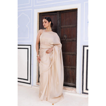 Geroo Jaipur Beige Embellished Crinkle Tissue Saree with Unstitched Blouse