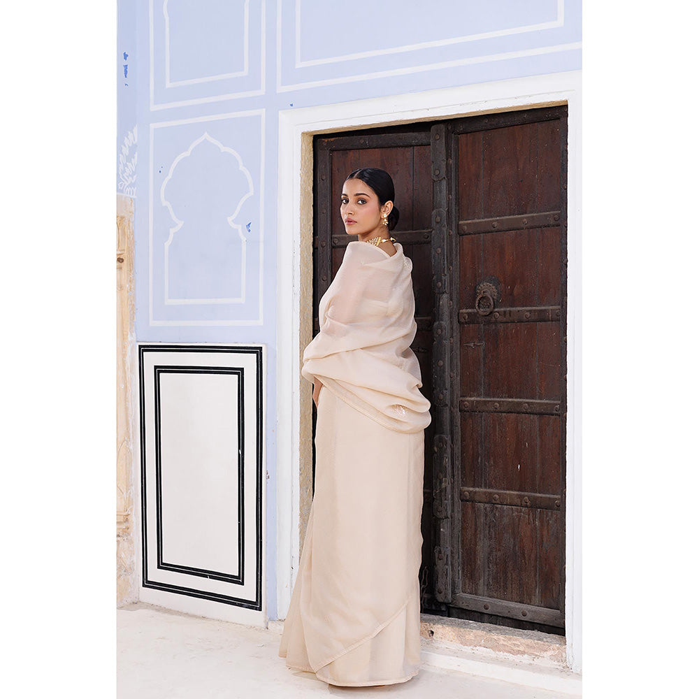 Geroo Jaipur Beige Embellished Crinkle Tissue Saree with Unstitched Blouse