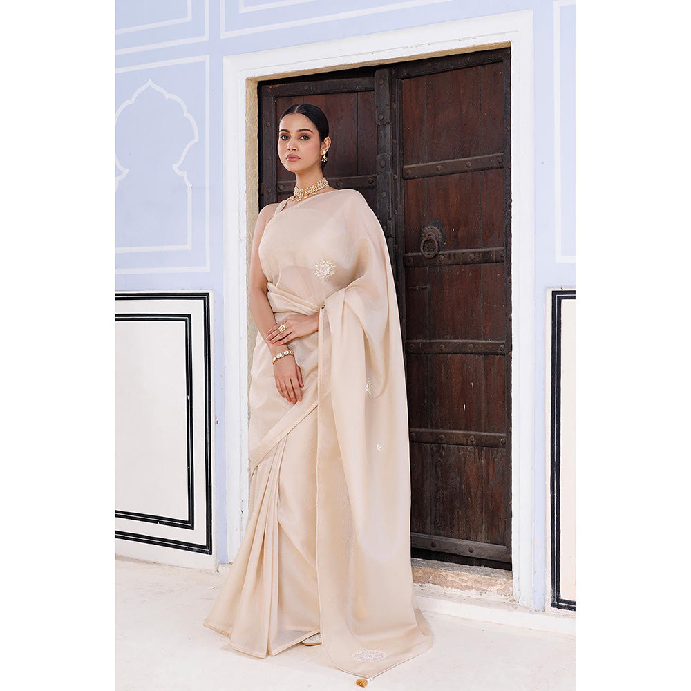 Geroo Jaipur Beige Embellished Crinkle Tissue Saree with Unstitched Blouse