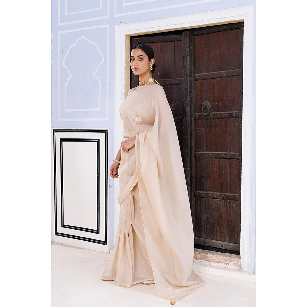 Geroo Jaipur Beige Embellished Crinkle Tissue Saree with Unstitched Blouse