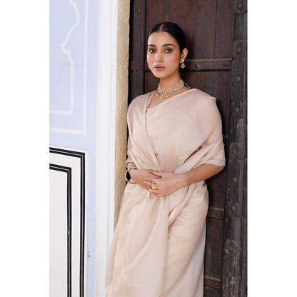 Geroo Jaipur Beige Embellished Crinkle Tissue Saree with Unstitched Blouse