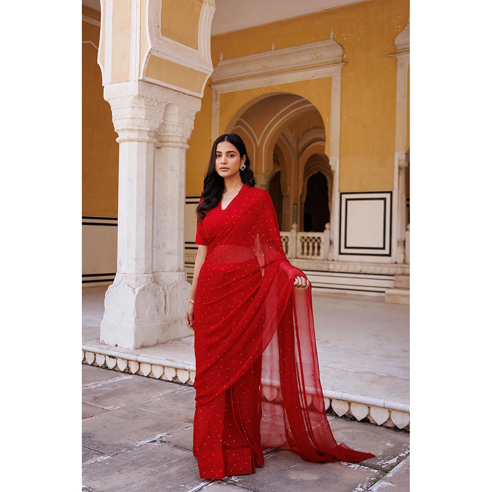 Geroo Jaipur Red Pre-Stitched Chiffon Saree with Unstitched Blouse