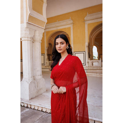 Geroo Jaipur Red Pre-Stitched Chiffon Saree with Unstitched Blouse