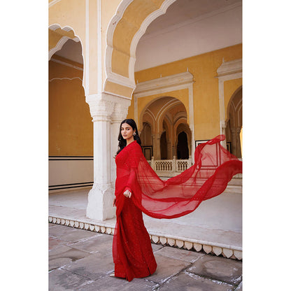 Geroo Jaipur Red Pre-Stitched Chiffon Saree with Unstitched Blouse
