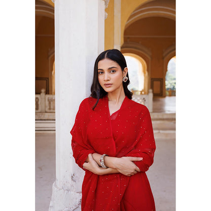 Geroo Jaipur Red Pre-Stitched Chiffon Saree with Unstitched Blouse