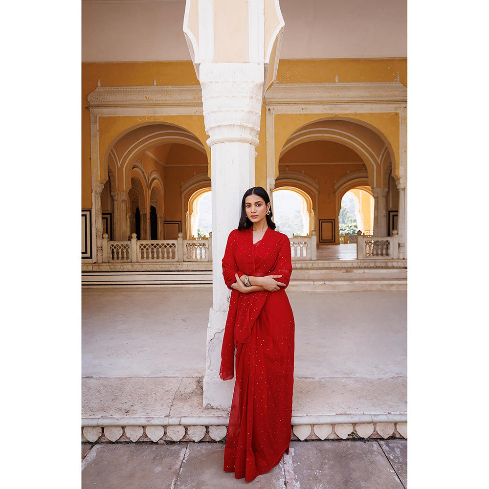 Geroo Jaipur Red Pre-Stitched Chiffon Saree with Unstitched Blouse