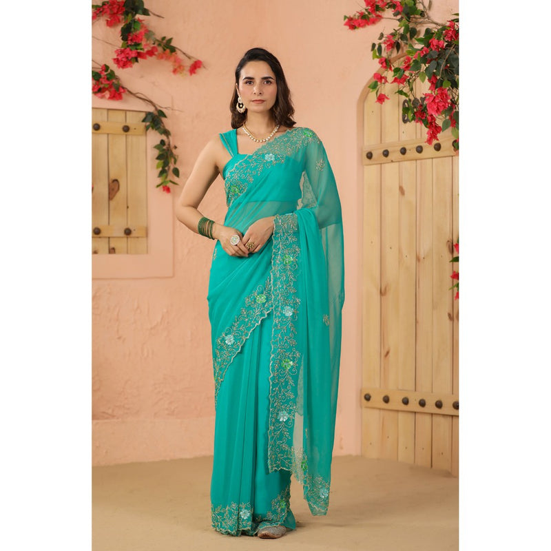 Geroo Luxe Turquoise Green Hand Embroidered Chiffon Saree with Unstitched Blouse