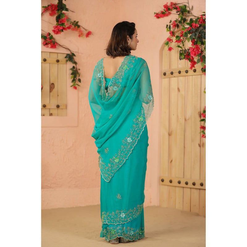 Geroo Luxe Turquoise Green Hand Embroidered Chiffon Saree with Unstitched Blouse