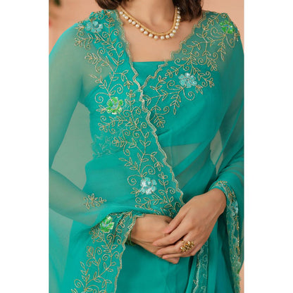 Geroo Luxe Turquoise Green Hand Embroidered Chiffon Saree with Unstitched Blouse