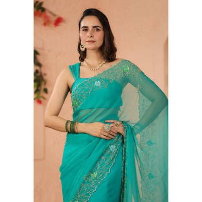 Geroo Luxe Turquoise Green Hand Embroidered Chiffon Saree with Unstitched Blouse