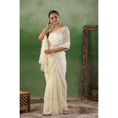 Geroo Luxe Ivory Hand Embroidered Chiffon Saree with Unstitched Blouse