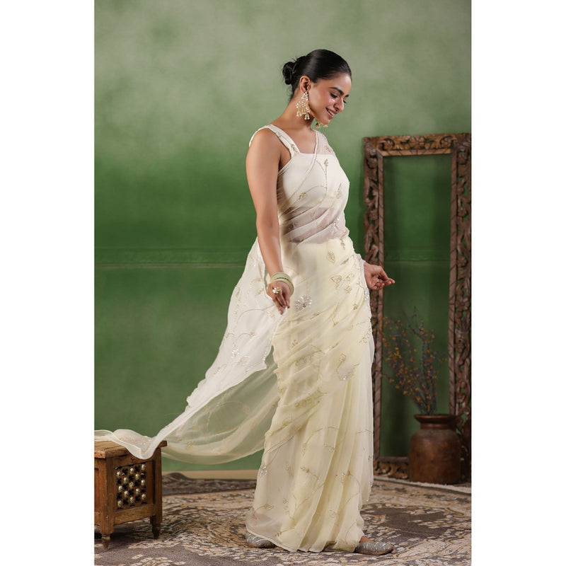 Geroo Luxe Ivory Hand Embroidered Chiffon Saree with Unstitched Blouse