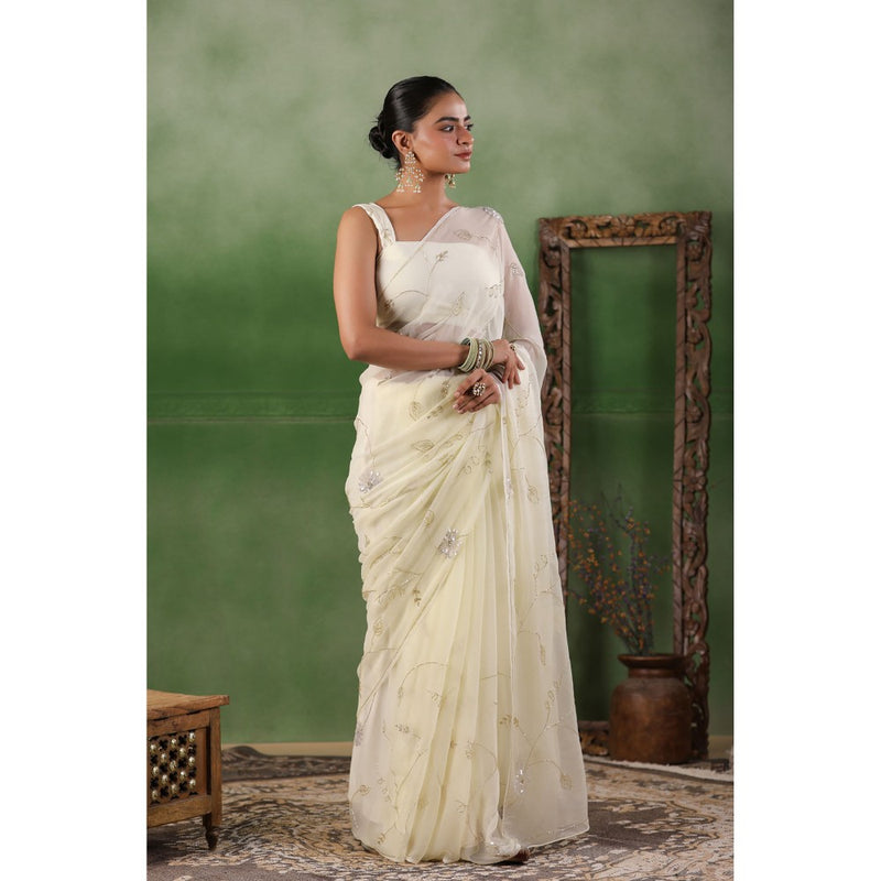 Geroo Luxe Ivory Hand Embroidered Chiffon Saree with Unstitched Blouse
