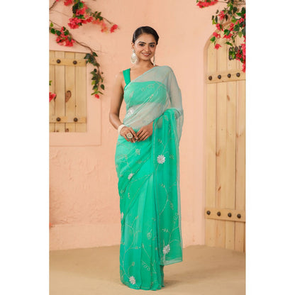 Geroo Luxe Shaded Green Blue Hand Embroidered Chiffon Saree with Unstitched Blouse