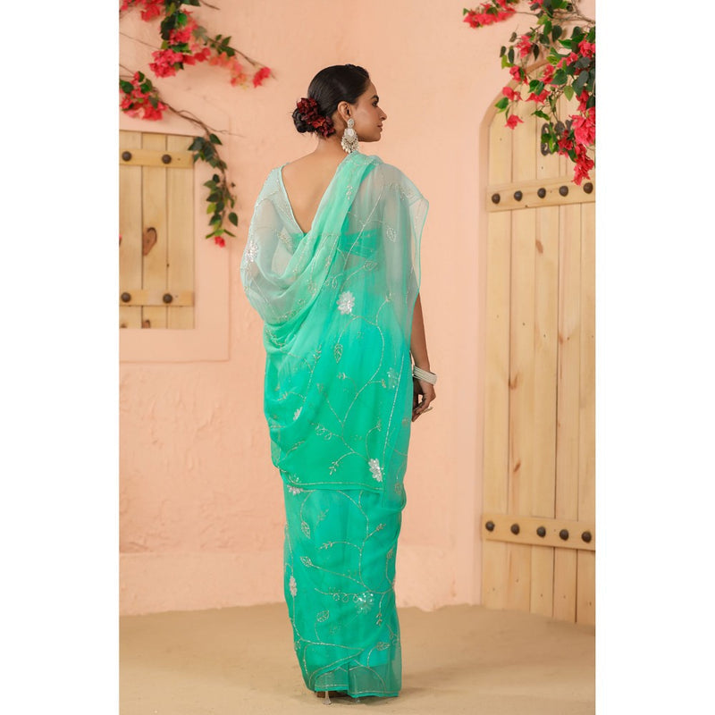 Geroo Luxe Shaded Green Blue Hand Embroidered Chiffon Saree with Unstitched Blouse