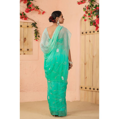 Geroo Luxe Shaded Green Blue Hand Embroidered Chiffon Saree with Unstitched Blouse