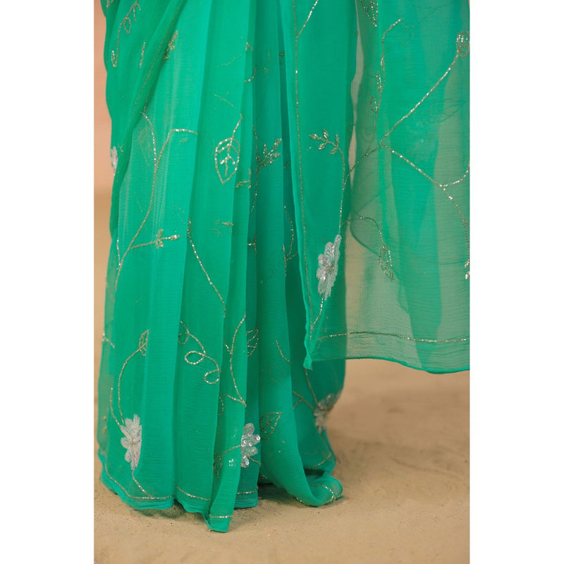 Geroo Luxe Shaded Green Blue Hand Embroidered Chiffon Saree with Unstitched Blouse