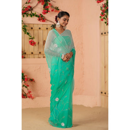 Geroo Luxe Shaded Green Blue Hand Embroidered Chiffon Saree with Unstitched Blouse