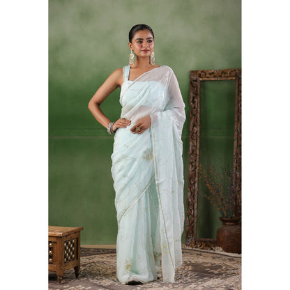 Geroo Luxe Mint Blue Hand Embroidered Chiffon Saree with Unstitched Blouse