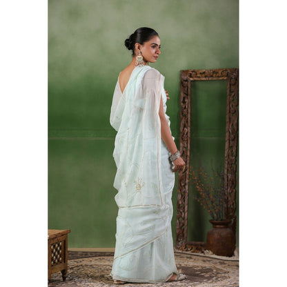 Geroo Luxe Mint Blue Hand Embroidered Chiffon Saree with Unstitched Blouse