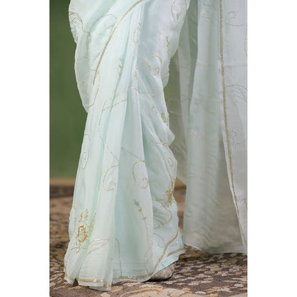 Geroo Luxe Mint Blue Hand Embroidered Chiffon Saree with Unstitched Blouse