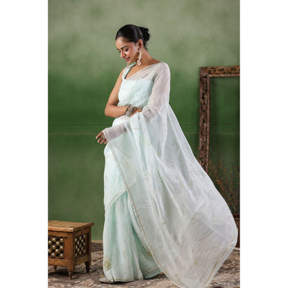 Geroo Luxe Mint Blue Hand Embroidered Chiffon Saree with Unstitched Blouse