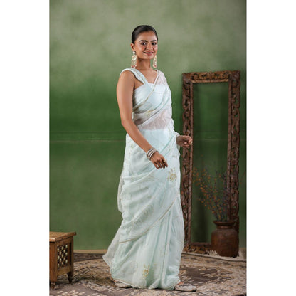 Geroo Luxe Mint Blue Hand Embroidered Chiffon Saree with Unstitched Blouse