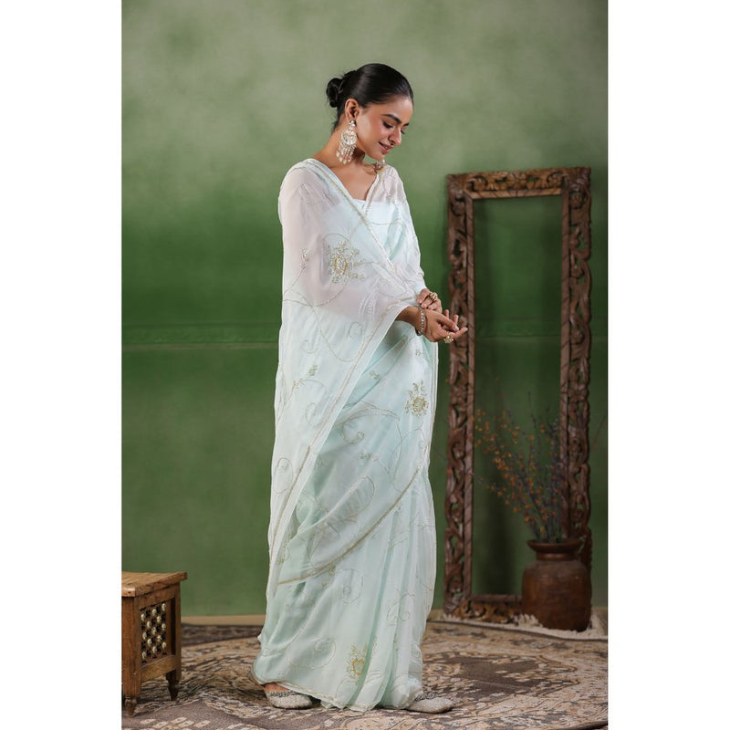 Geroo Luxe Mint Blue Hand Embroidered Chiffon Saree with Unstitched Blouse