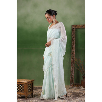 Geroo Luxe Mint Blue Hand Embroidered Chiffon Saree with Unstitched Blouse