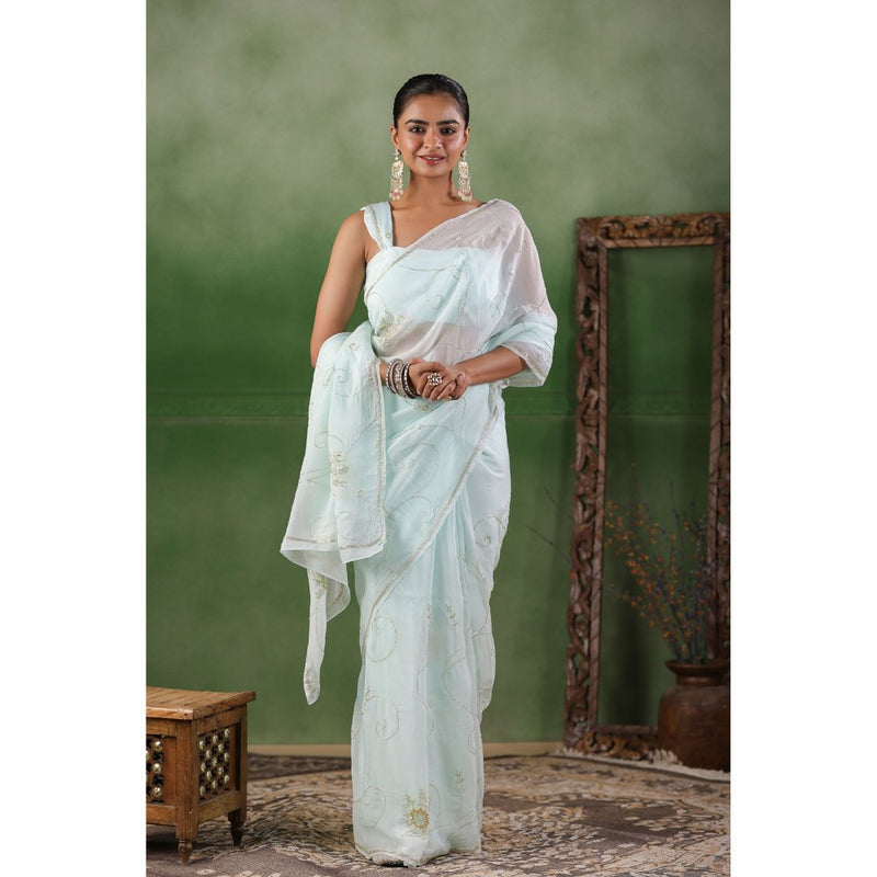 Geroo Luxe Mint Blue Hand Embroidered Chiffon Saree with Unstitched Blouse