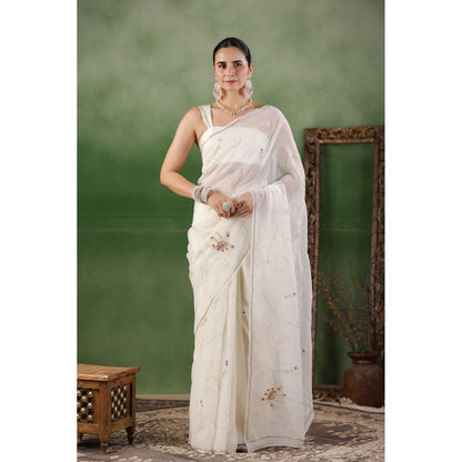 Geroo Luxe White Hand Embroidered Chiffon Saree with Unstitched Blouse