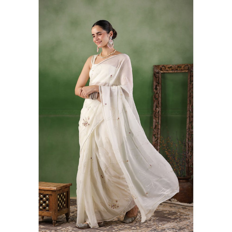 Geroo Luxe White Hand Embroidered Chiffon Saree with Unstitched Blouse