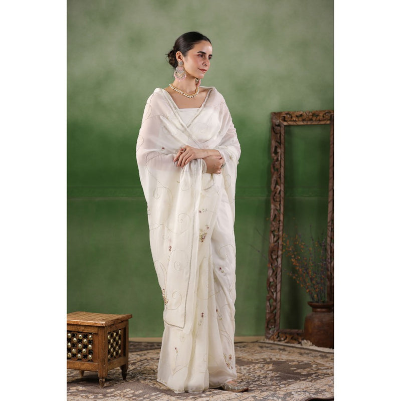 Geroo Luxe White Hand Embroidered Chiffon Saree with Unstitched Blouse