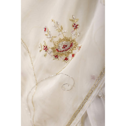 Geroo Luxe White Hand Embroidered Chiffon Saree with Unstitched Blouse