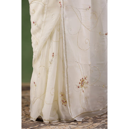 Geroo Luxe White Hand Embroidered Chiffon Saree with Unstitched Blouse