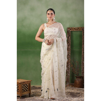 Geroo Luxe White Hand Embroidered Gota Jaal Chiffon Saree with Unstitched Blouse