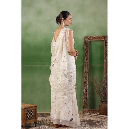 Geroo Luxe White Hand Embroidered Gota Jaal Chiffon Saree with Unstitched Blouse