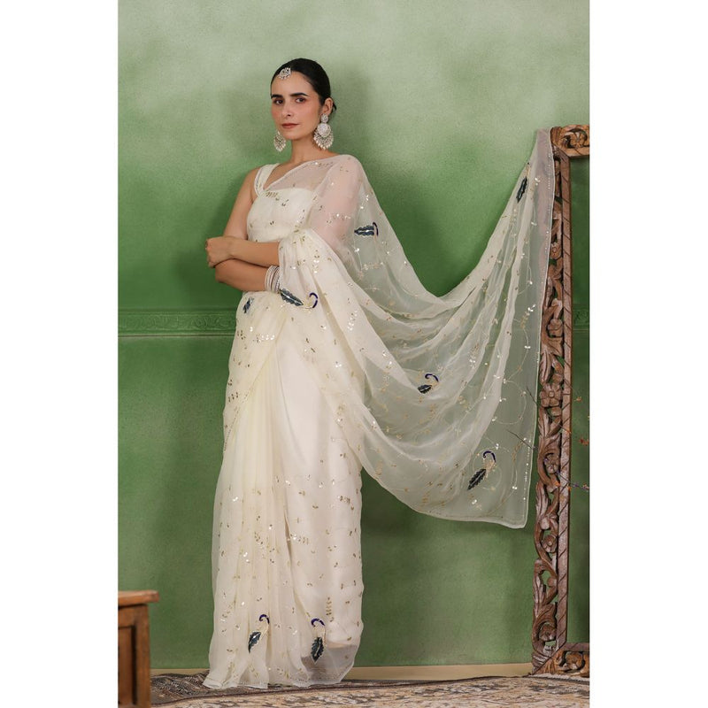 Geroo Luxe White Hand Embroidered Gota Jaal Chiffon Saree with Unstitched Blouse