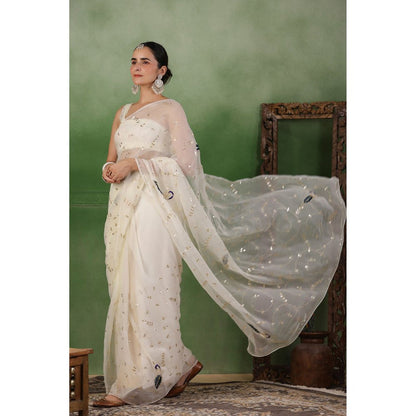 Geroo Luxe White Hand Embroidered Gota Jaal Chiffon Saree with Unstitched Blouse