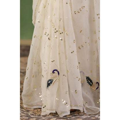 Geroo Luxe White Hand Embroidered Gota Jaal Chiffon Saree with Unstitched Blouse