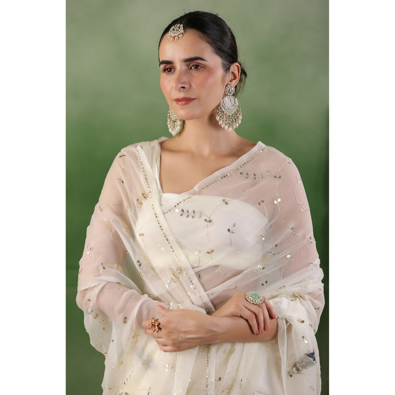 Geroo Luxe White Hand Embroidered Gota Jaal Chiffon Saree with Unstitched Blouse