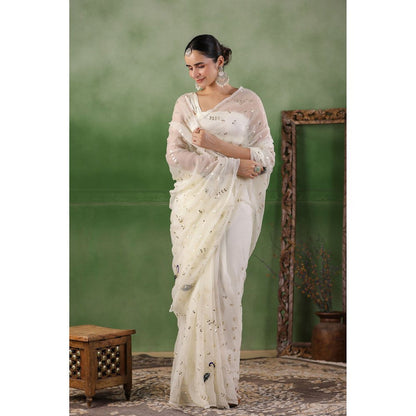 Geroo Luxe White Hand Embroidered Gota Jaal Chiffon Saree with Unstitched Blouse