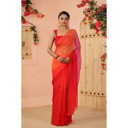 Geroo Luxe Shaded Pink And Orange Chiffon Saree with Unstitched Blouse