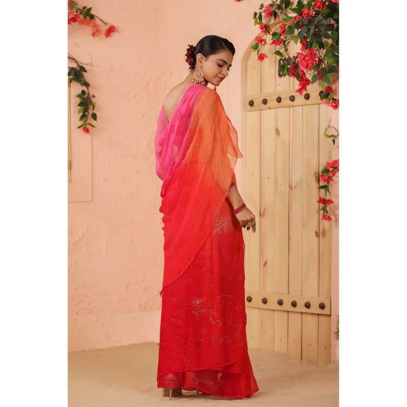 Geroo Luxe Shaded Pink And Orange Chiffon Saree with Unstitched Blouse