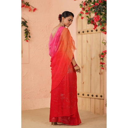 Geroo Luxe Shaded Pink And Orange Chiffon Saree with Unstitched Blouse