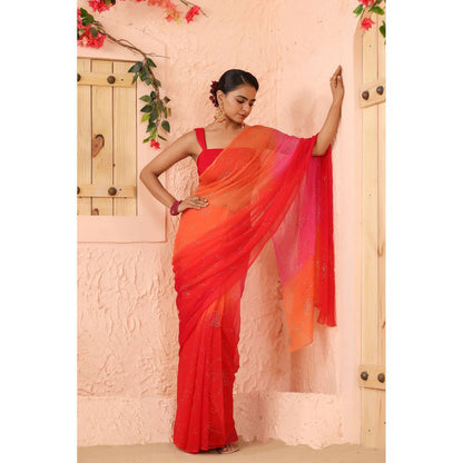 Geroo Luxe Shaded Pink And Orange Chiffon Saree with Unstitched Blouse