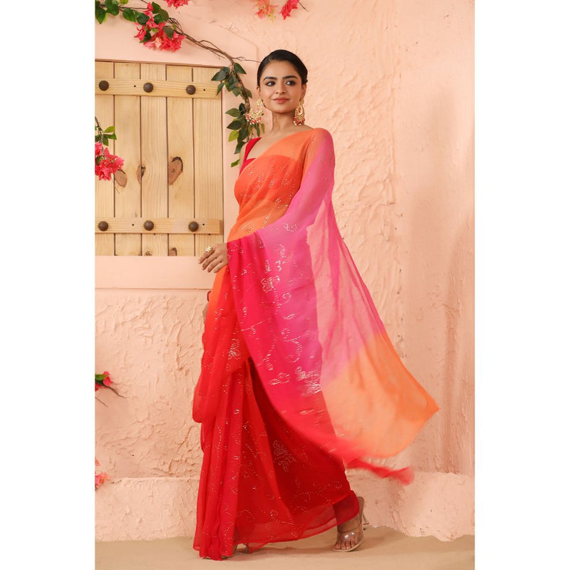 Geroo Luxe Shaded Pink And Orange Chiffon Saree with Unstitched Blouse